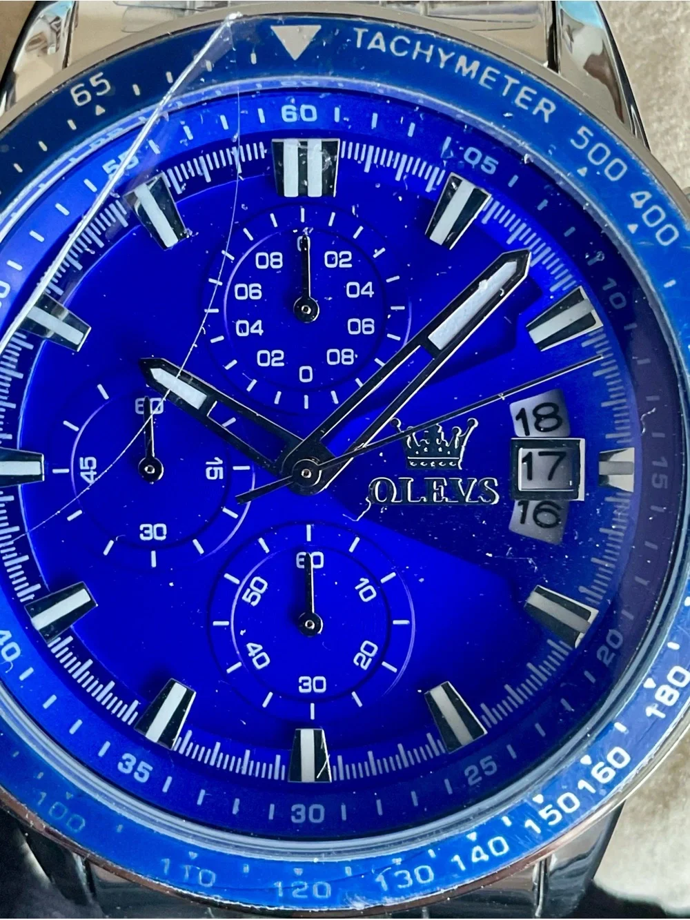 NIB OLEVS Men’s Blue Dial Stainless Steel Chronograph Watch Full Set